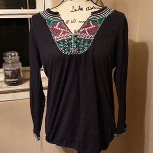 LUCKY BRAND NAVY BLUE BOHO LONG SLEEVE TOP M